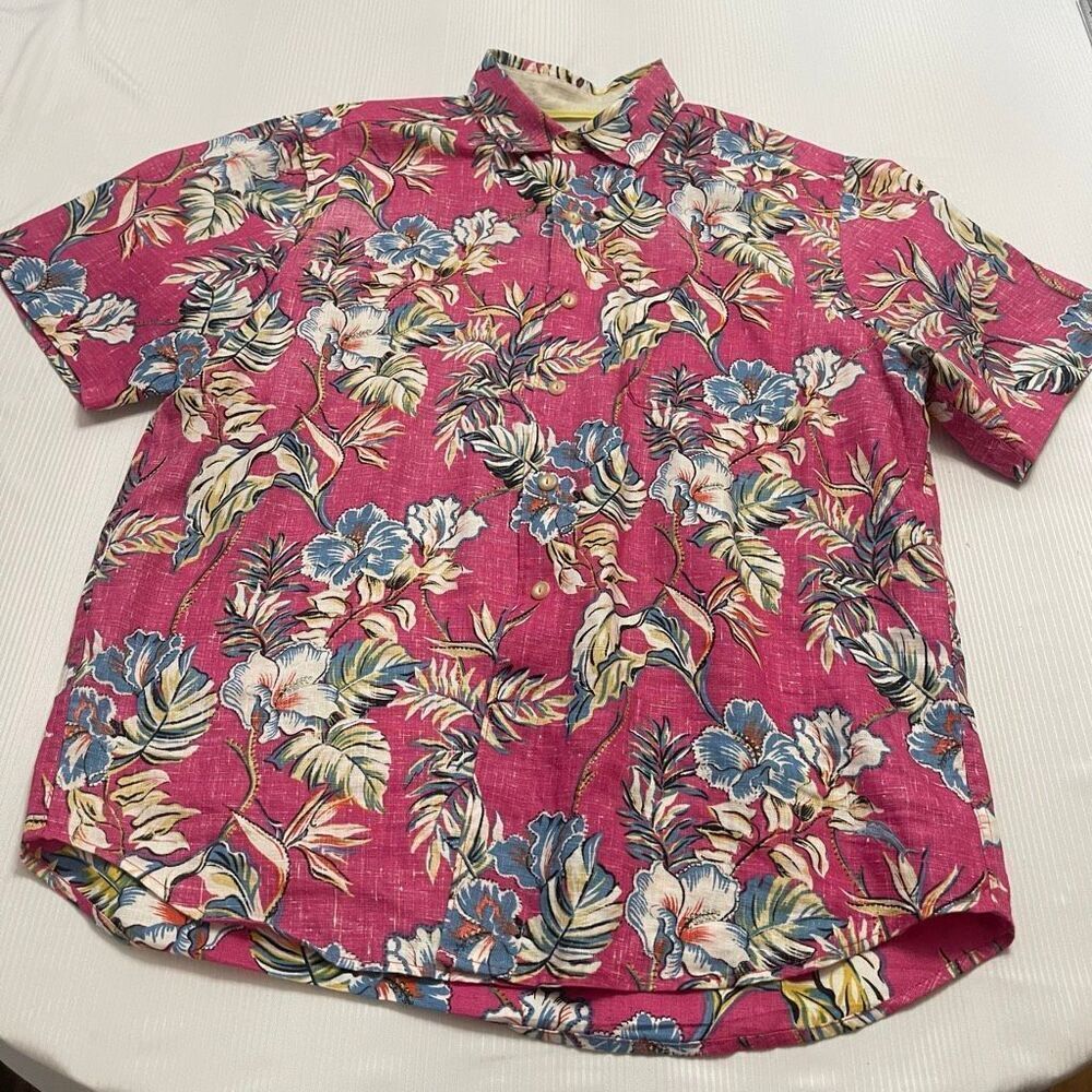 Tommy Bahama Men’s Linen Camp Shirt Red Faded Flora Size Medium